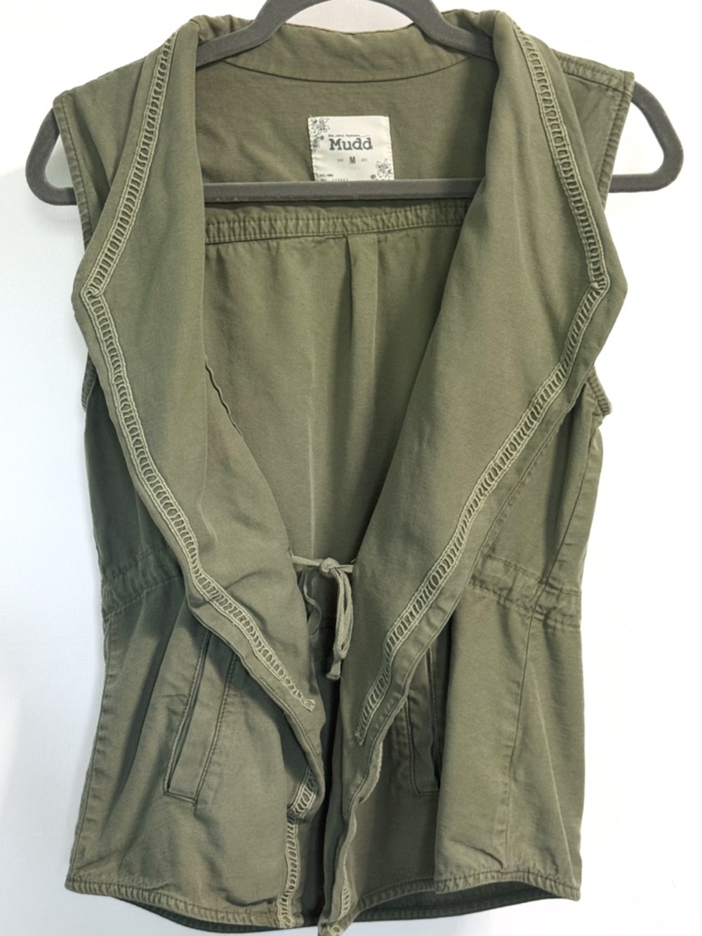 Mudd Olive Green Tencel Sleeveless Vest Open Front Pocket Trim M